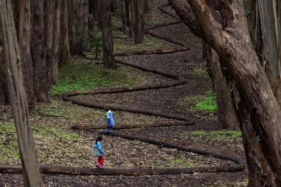 Two children walk along a winding path in the Presidio of San Francisco.
