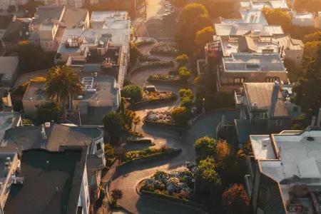 Aerial of Lombard Street at dusk